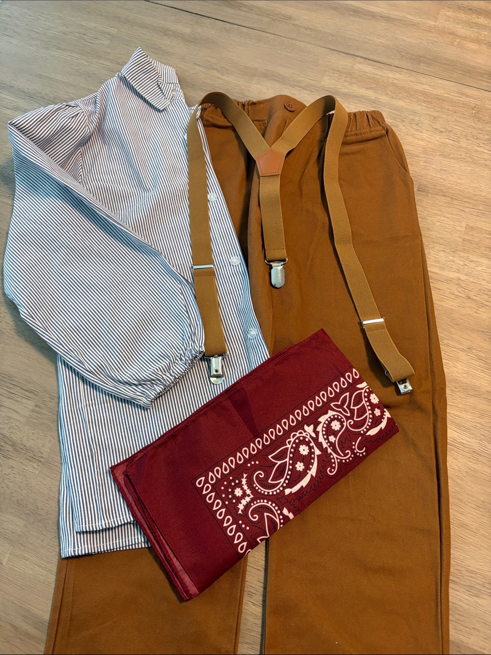 PIONEER | COLONIAL Blue-White Striped Shirt with Brown Suspenders w Bandana